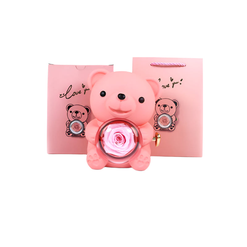 Eternal Rose Teddy Bear Gifts Box With Necklace Rotate Rose Jewelry Box Valentine Wedding Storage Gift Case For Women Girlfriend