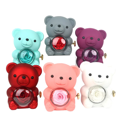 Eternal Rose Teddy Bear Gifts Box With Necklace Rotate Rose Jewelry Box Valentine Wedding Storage Gift Case For Women Girlfriend