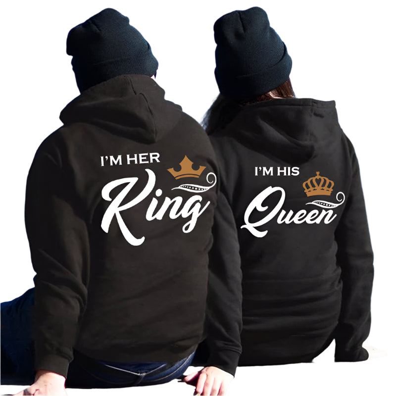 Her King His Queen Couple Hooded Printed Sweater